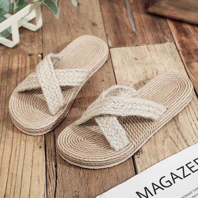 Fashion Straw Woven Flat Heel Women Slippers Beige - Shop at LoveMi