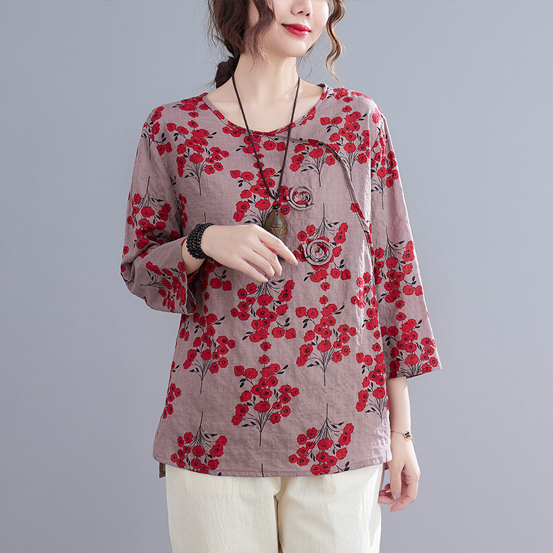 Large Size Loose Cotton And Linen Printed Round Neck Three-Quarter Sleeve T-Shirt Women's Top