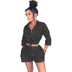 Solid Color Button Double Pocket Shirt Set - Black - View 1
