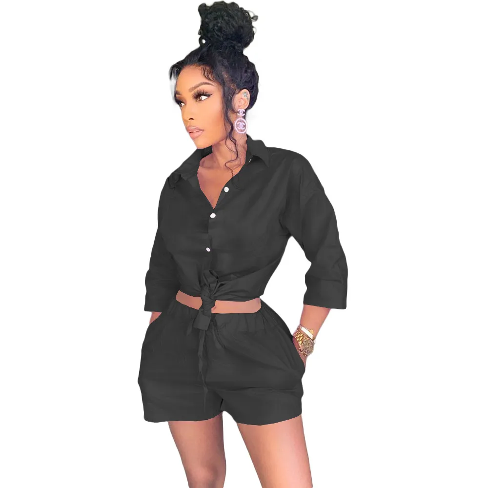 Solid Color Button Double Pocket Shirt Set - Black
