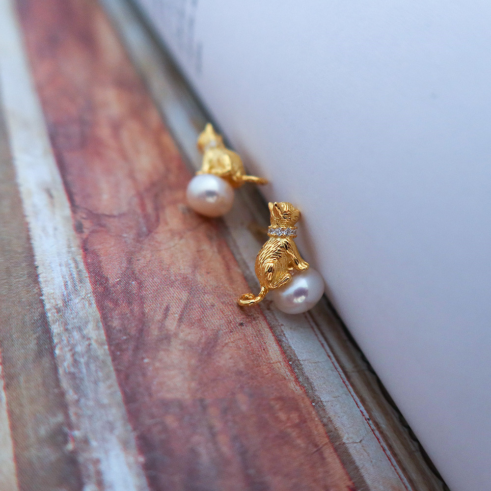 Cat Cute Pearl Earrings With Collar