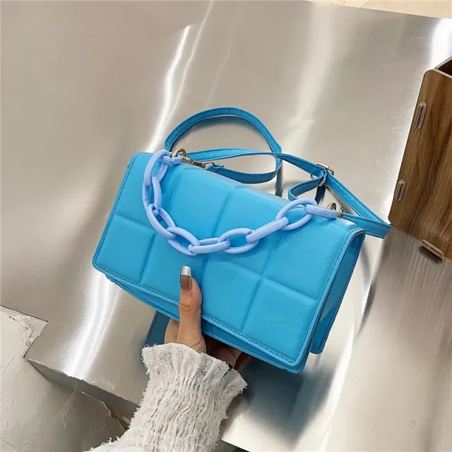 Simple Lattice Ladies Bag Chain Single Shoulder Messenger Fashionable And Popular Square Bag Blue - Shop at LoveMi