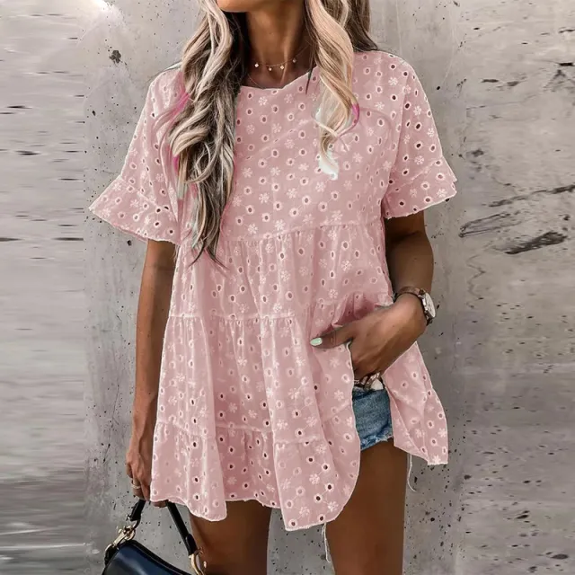 Cotton And Linen Hollow Jacquard Round Neck Short sleeved Shirt Pink - Shop at LoveMi