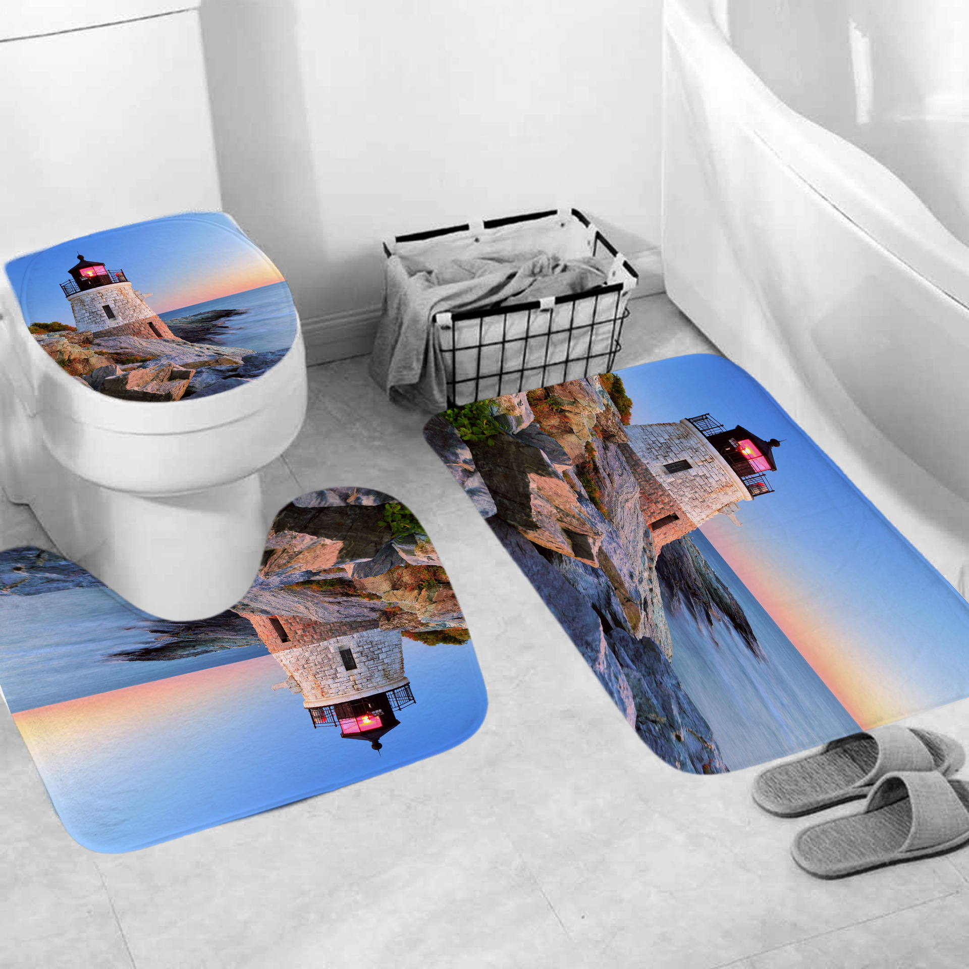 Waterproof Shower Curtain Sea Level Lighthouse Shower Curtain Floor Mat Set