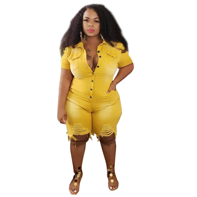 Slim Slimming Denim Jumpsuit With Holes Yellow - Shop at LoveMi