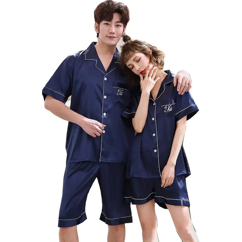 Ice Silk Couple Pajamas Short-sleeved Men and Women V-neck