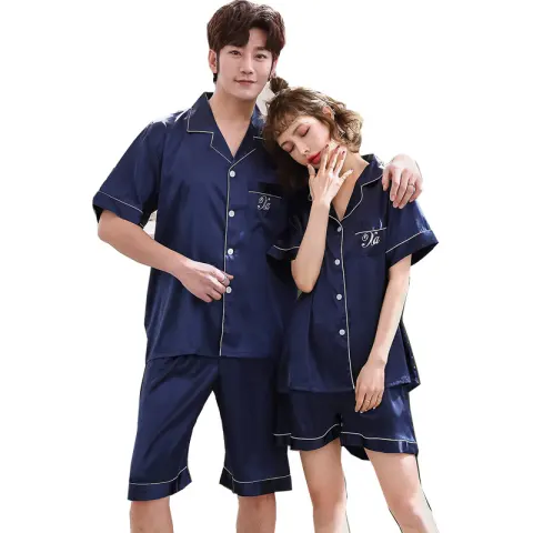 Ice Silk Couple Pajamas Short-sleeved Men and Women V-neck