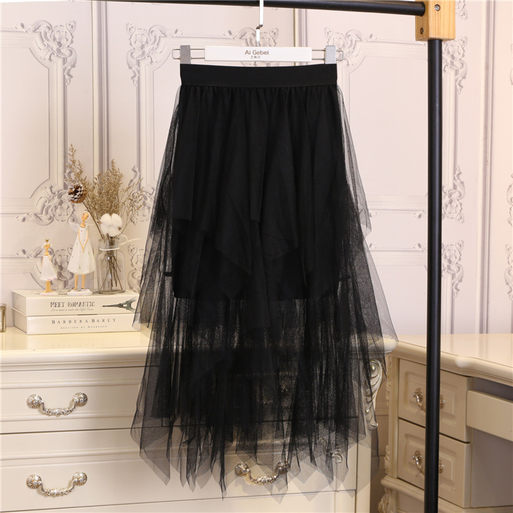 Irregular Mesh Hem Splicing Fluffy Skirt High-Waisted Gauze Skirt