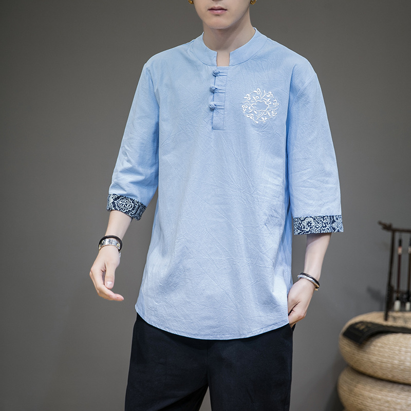 Stand-up Collar Cotton And Linen Pullover Shirt Men's Retro National Style… — image 1