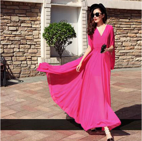 Short-sleeved V-neck Slim Solid Color Dress