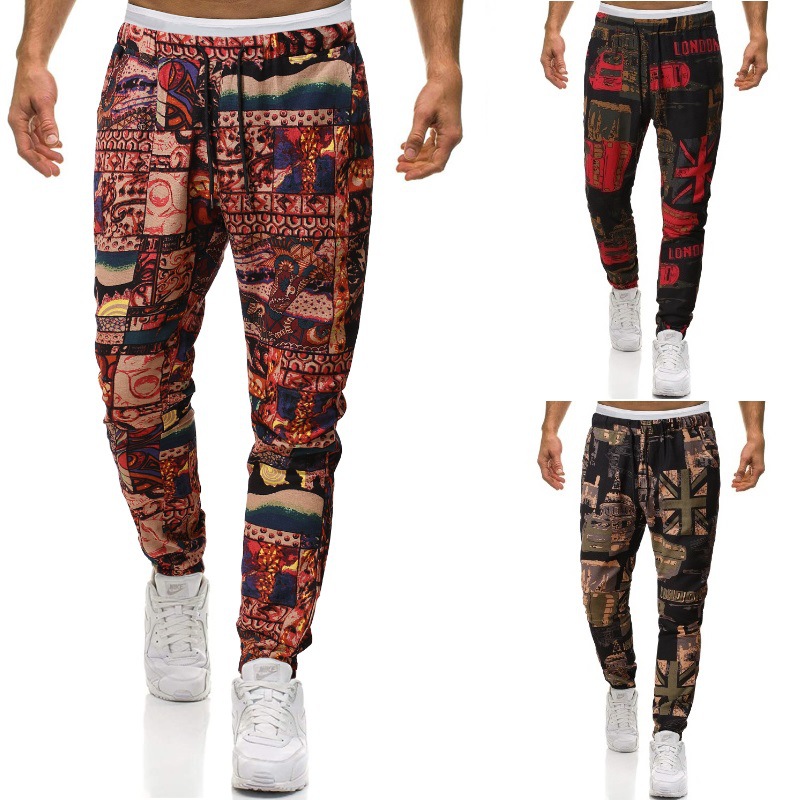 Slim-fit cotton and linen casual pants with ethnic print trousers