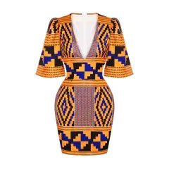 African Sexy Women's Deep V-neck Horn Sleeves Hip Skirt Slim Slimming Indonesian Short Dress - Style B-Xl - View 1