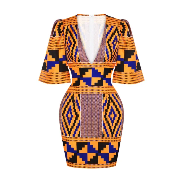 African Sexy Women's Deep V neck Horn Sleeves Hip Skirt Slim Slimming Indonesian Short Dress Style B Xl - Shop at LoveMi
