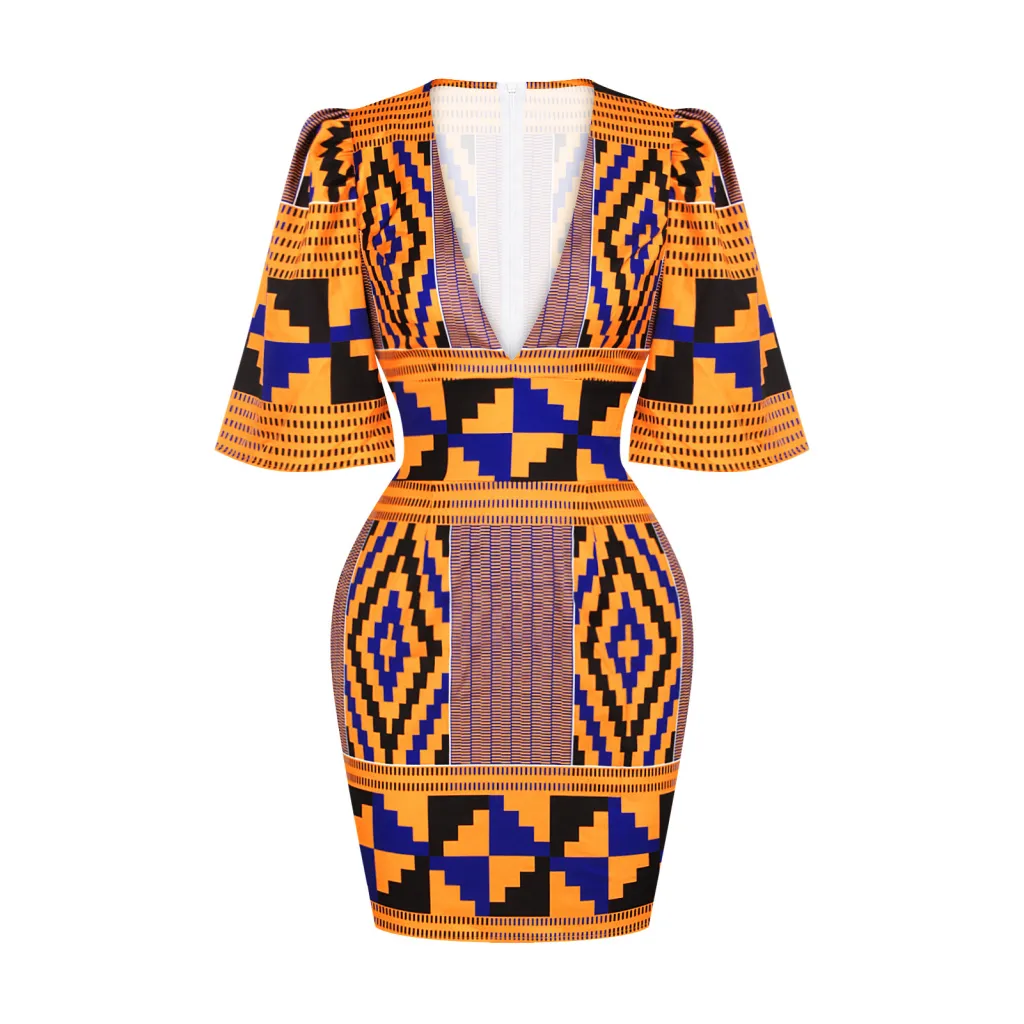 African Sexy Women's Deep V-neck Horn Sleeves Hip Skirt Slim Slimming Indonesian Short Dress - Style B
