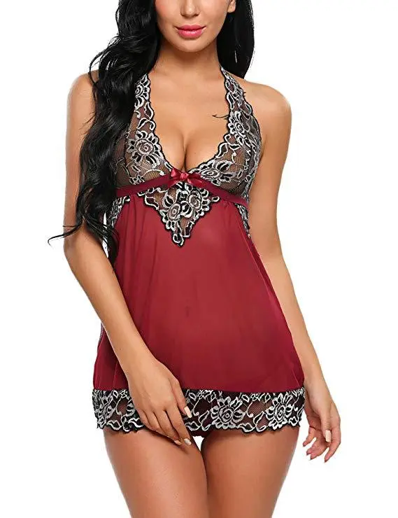 Summer Sexy Women Nightwear V Neck Lace Lingerie Babydoll Wine Red - Shop at LoveMi
