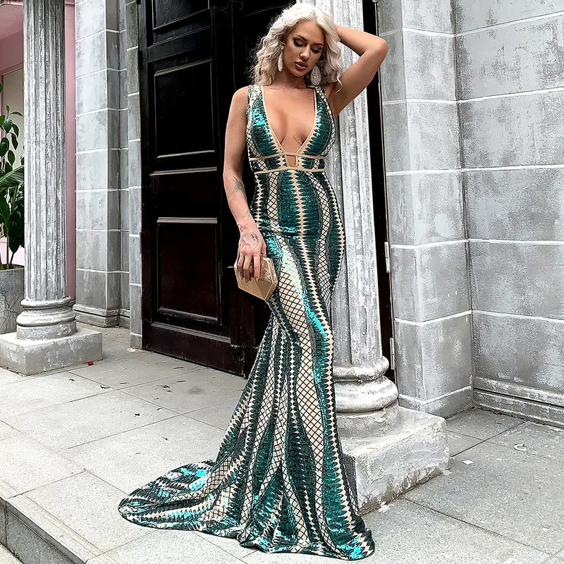 Suspender Long Tail Irregular Striped Evening Dress with Sequins