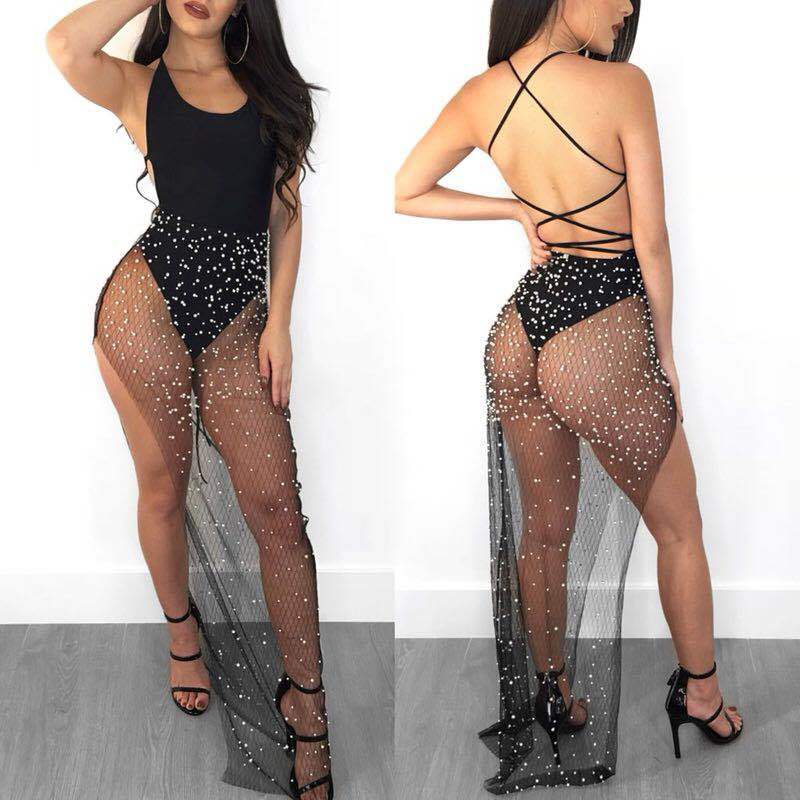 New Hot Style Grid Perspective Irregular Beaded High Slit Skirt