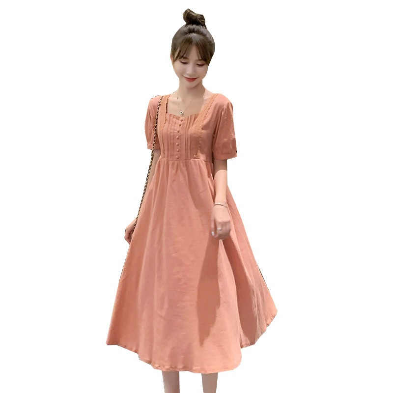 Korean Style Dress Loose Large Size Cotton And Linen Square Collar Mid-length