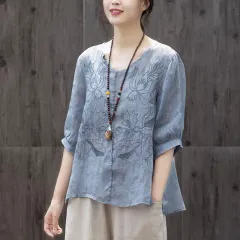 Lotus Embroidered Large Size Loose Round Neck Thin Ladies Top - Blue - View 1