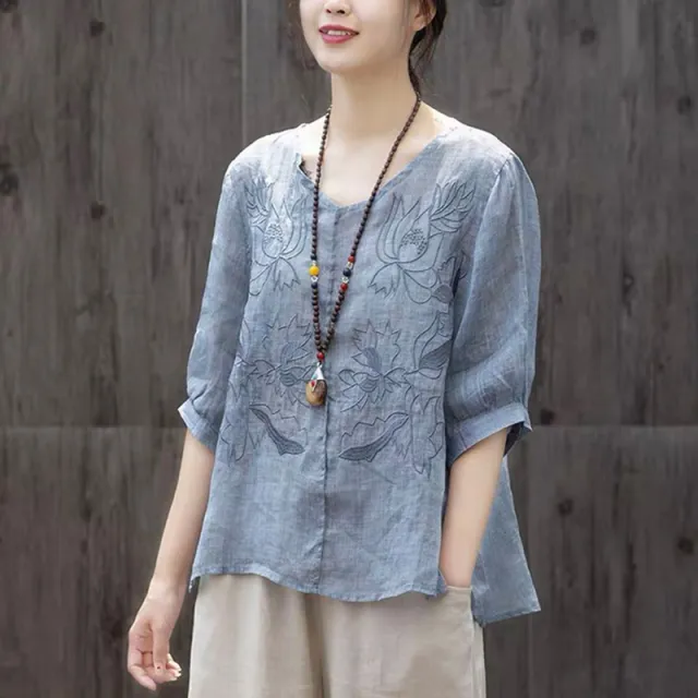 Lotus Embroidered Large Size Loose Round Neck Thin Ladies Top Blue - Shop at LoveMi