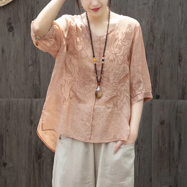 Lotus Embroidered Large Size Loose Round Neck Thin Ladies Top Orange - Shop at LoveMi