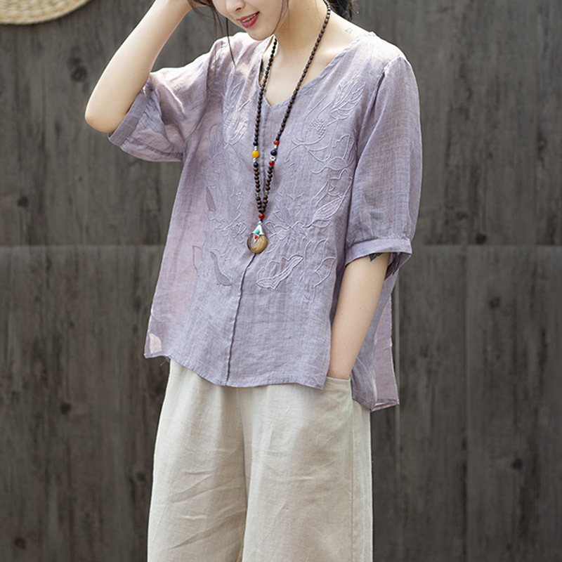 Lotus Embroidered Large Size Loose Round Neck Thin Ladies Top Light Purple - Shop at LoveMi