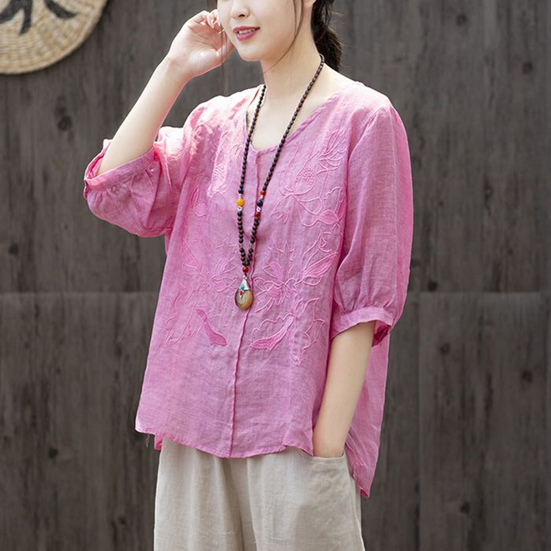 Lotus Embroidered Large Size Loose Round Neck Thin Ladies Top