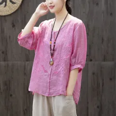 Lotus Embroidered Large Size Loose Round Neck Thin Ladies Top - Red - View 1