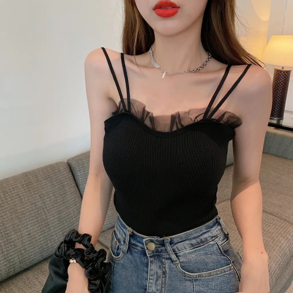 Lace Small Sling Design Knit Bottoming Vest - Black