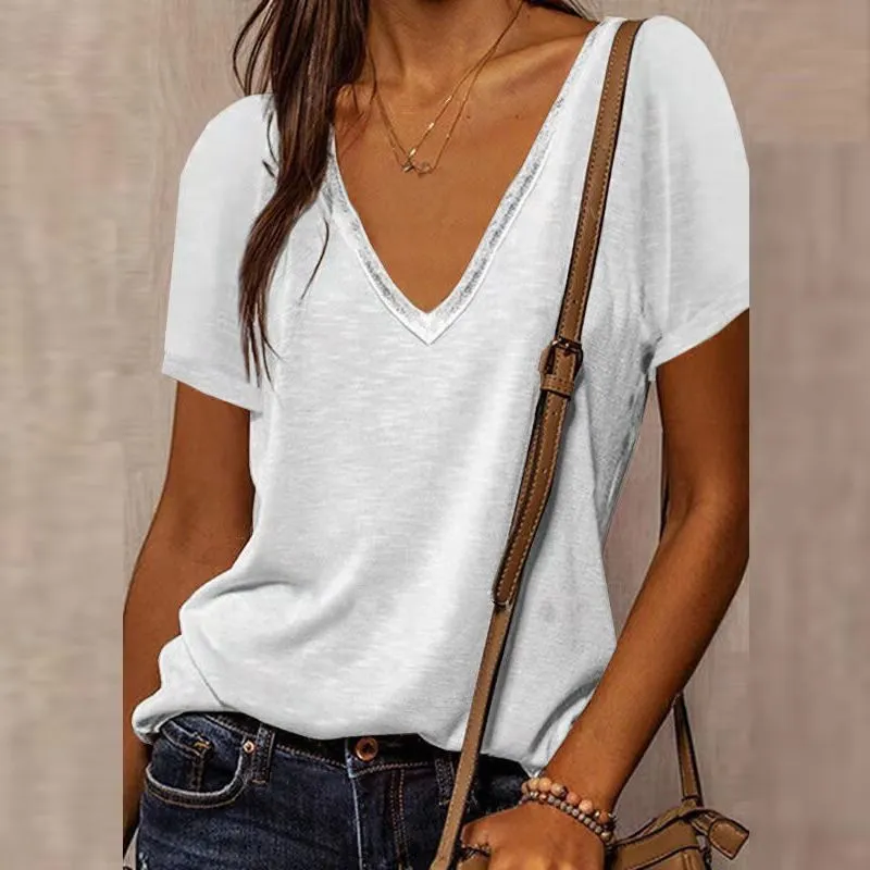 Solid Colour V-neck Short-sleeved T-shirt - White
