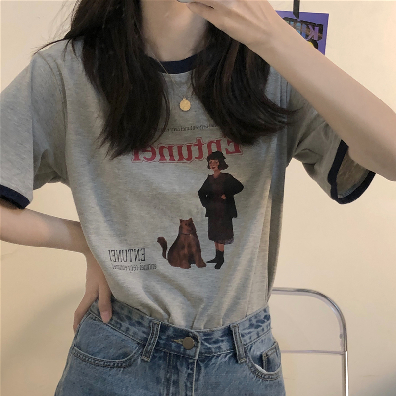 Title 4, Retro Hit Color Round Neck Cartoon Printed Lett...