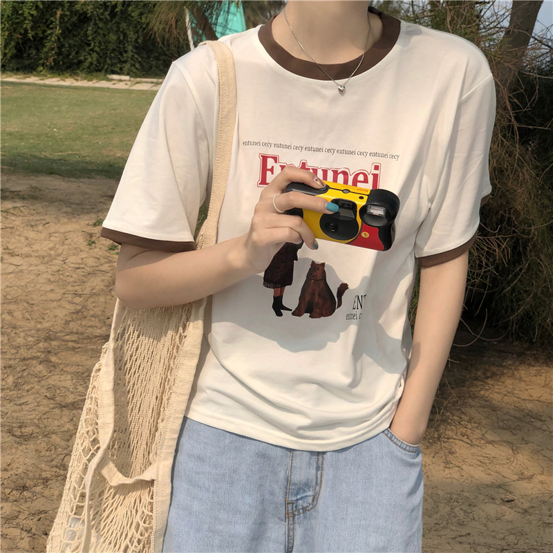 Title 5, Retro Hit Color Round Neck Cartoon Printed Lett...