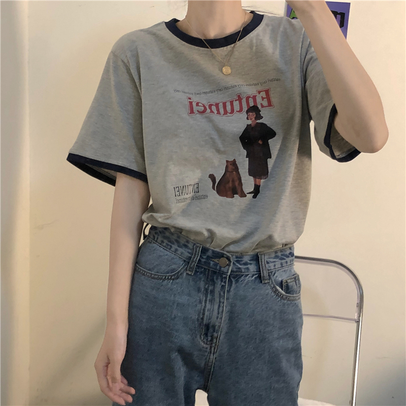 Retro Hit Color Round Neck Cartoon Printed Letters Loose And Strange Girl Short-sleeved T-shirt