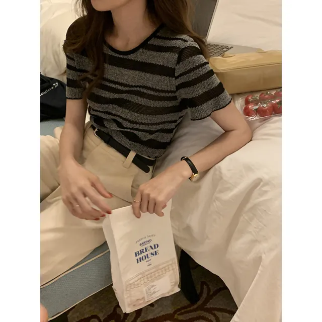 Striped Knitted T shirt Women's Short sleeved Summer Korean Version Was Thin And Contrasting Color Black - Shop at LoveMi