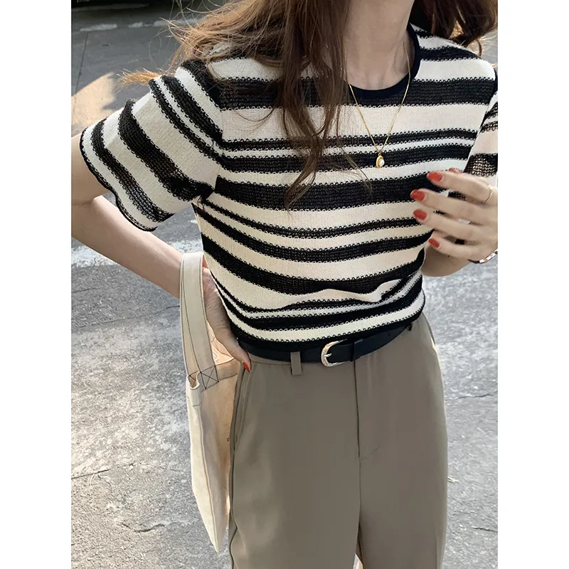 Striped Knitted T-shirt Women's Short-sleeved Summer Korean Version Was Thin And Contrasting Color - Grey