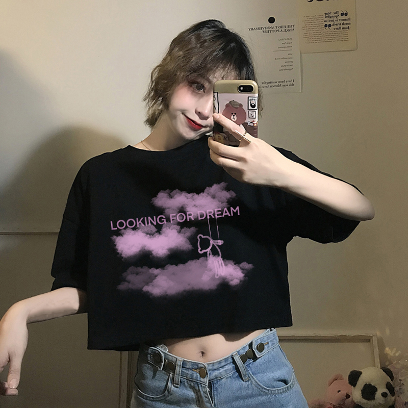 Black Short T-shirt Female  High Waist Navel Korean Style Loose Fashion Clothes Short-sleeved Ins Tide