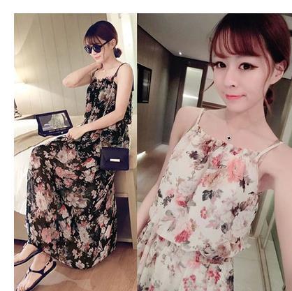 Sweet Seaside Holiday Chiffon Beach Skirt Bohemian Floral Suspender Dress