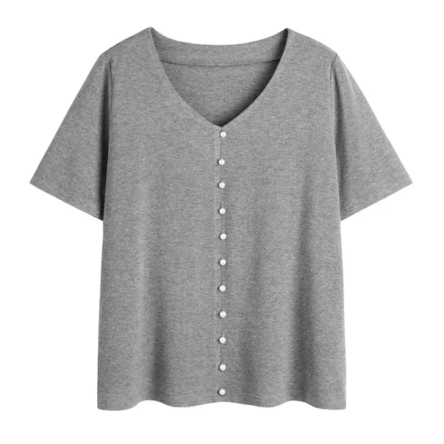 Plus Size Mm Casual Plus Size Women's Loose And Thin Solid Color V neck Short Sleeves Grey - Shop at LoveMi