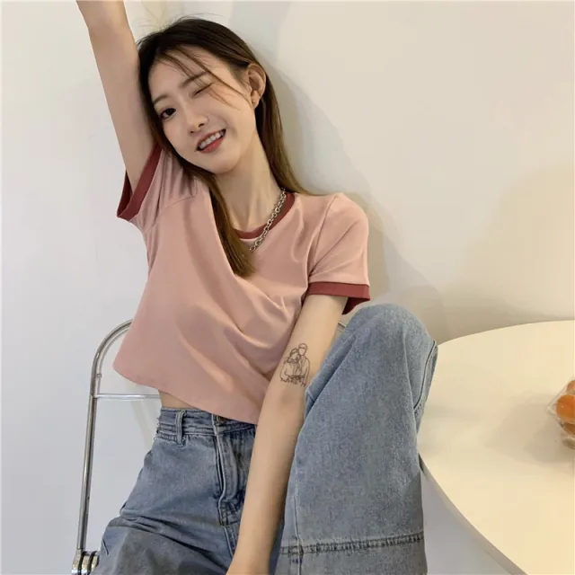Contrasting Color Slim Slimming Short Design Sense Of Careful Machine Short Sleeves Pink - Shop at LoveMi