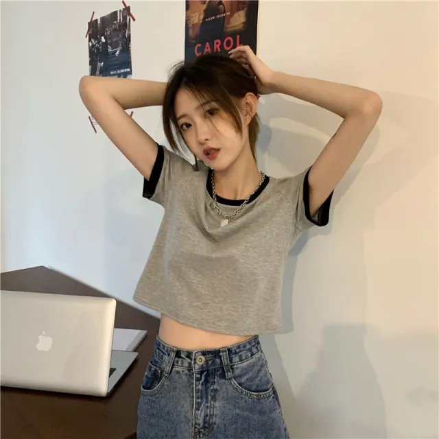 Contrasting Color Slim Slimming Short Design Sense Of Careful Machine Short Sleeves Grey - Shop at LoveMi