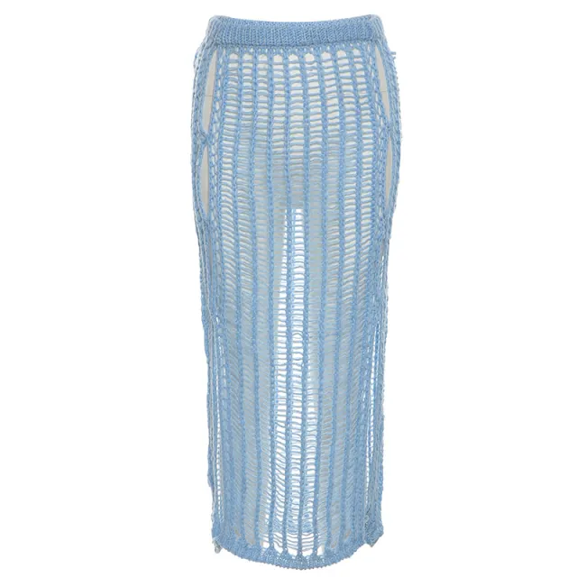 Sexy Crochet Knitted Long Skirts Summer Vacation Outfits Beach Blue - Shop at LoveMi