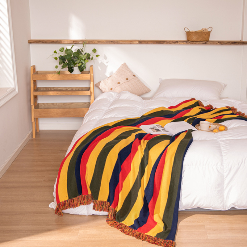 Title 5, Striped Knitted Blanket With Fringed Striped Kn...