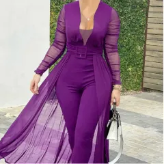 Women's Fashion Deep V-neck Long Sleeve Lace Stitching Solid Colour Slim Bodysuit - Purple - View 1