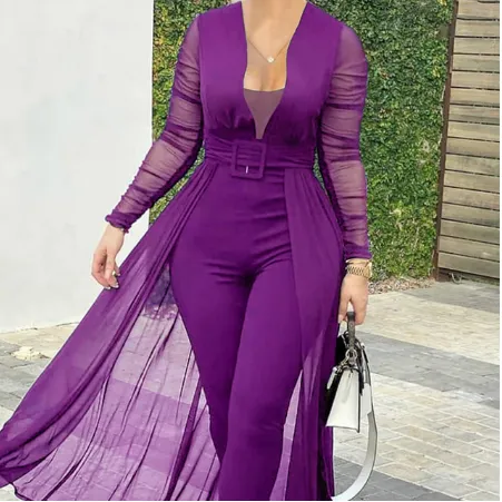 Women's Fashion Deep V neck Long Sleeve Lace Stitching Solid Color Slim Bodysuit Purple - Shop at LoveMi