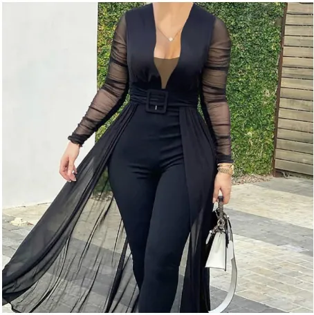 Women's Fashion Deep V neck Long Sleeve Lace Stitching Solid Color Slim Bodysuit Black - Shop at LoveMi