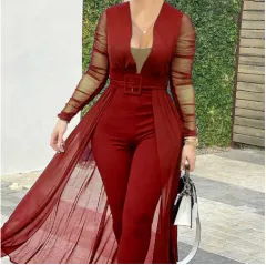 Women's Fashion Deep V-neck Long Sleeve Lace Stitching Solid Color Slim Bodysuit - Red - View 1