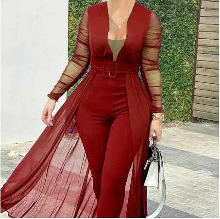 Women's Fashion Deep V neck Long Sleeve Lace Stitching Solid Color Slim Bodysuit Red - Shop at LoveMi