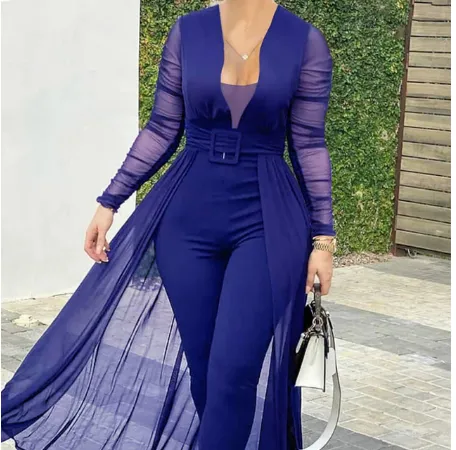 Women's Fashion Deep V-neck Long Sleeve Lace Stitching Solid Color Slim Bodysuit - Blue