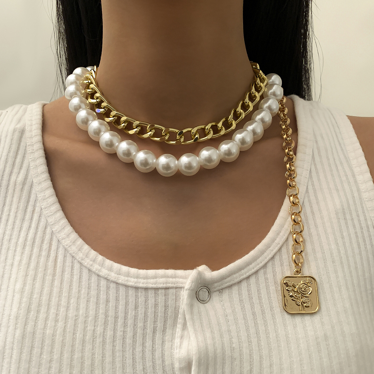 Punk Exaggerated Thick Chain Square Brand Imitation Pearl Pendant