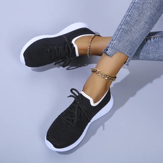 Fly woven Mesh Breathable Deep mouth Lace up Platform Sneakers Black - Shop at LoveMi